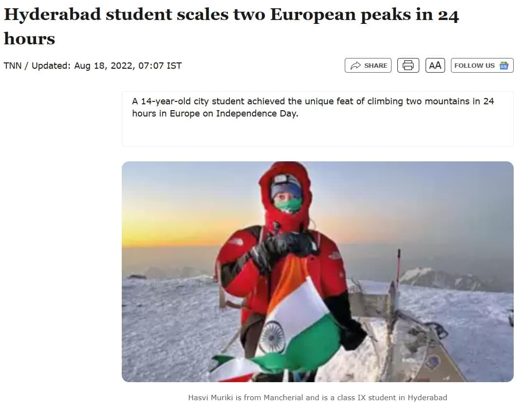 Hyderabad Student Scales Two European Peaks in 24 Hours