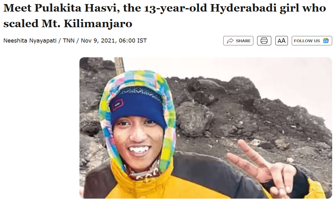 Meet Pulakita Hasvi: The 13-Year-Old Hyderabadi Girl Who Scaled Mt Kilimanjaro