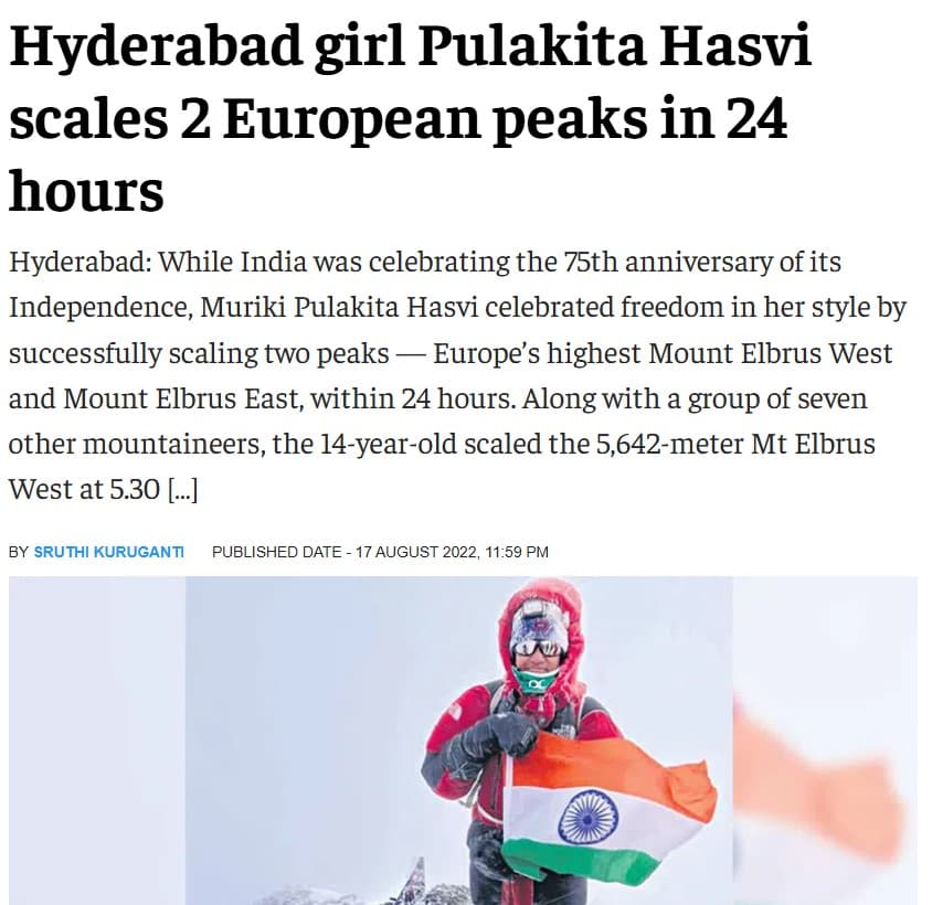 Hyderabad Girl Pulakita Hasvi Scales 2 European Peaks in 24 Hours